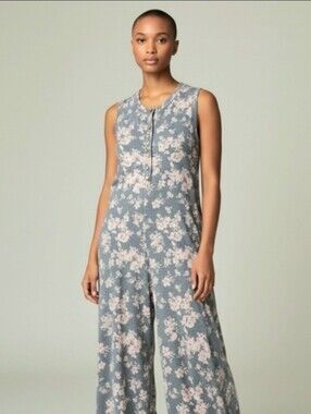 BUCKETLIST Blue Floral Sleeveless Jumpsuit with Pink Flowers